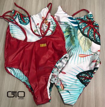 Maillot de Bain Double Face Rouge/Feuilles 1