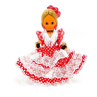 35 cm große Sammlerpuppe. Andalusisches oder Flamenco-typisches regionales Kleid, hergestellt in Spanien von Folk Crafts Dolls. (Artikelnummer: 302NRB)