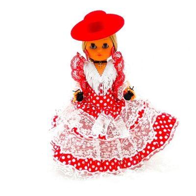 35 cm große Sammlerpuppe. Andalusisches oder Flamenco-typisches regionales Kleid, hergestellt in Spanien von Folk Crafts Dolls. (Artikelnummer: 302SRB)