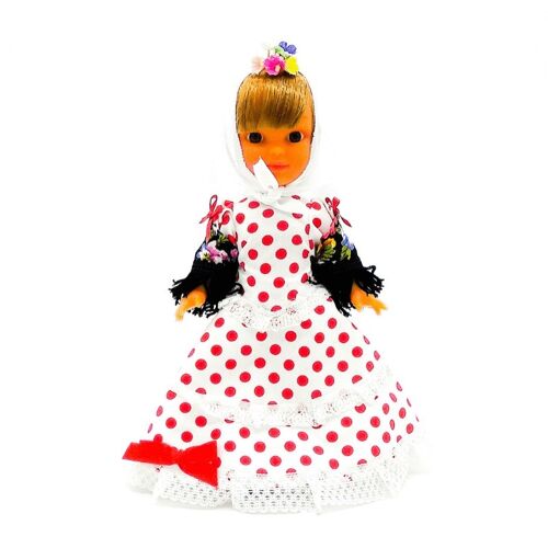 Muñeca de colección de 25 cm. vestido regional típico Chulapa Madrileña (Madrid), fabricada en España por Folk Artesanía Muñecas. - Blanco lunar rojo (SKU: 205B)