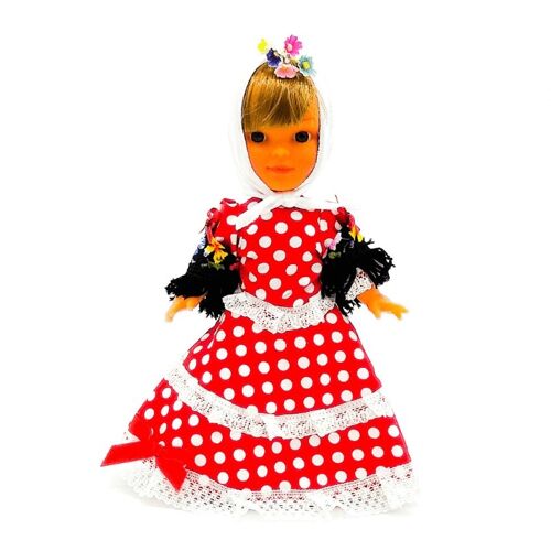 Muñeca de colección de 25 cm. vestido regional típico Chulapa Madrileña (Madrid), fabricada en España por Folk Artesanía Muñecas. - Rojo lunar blanco (SKU: 205R)