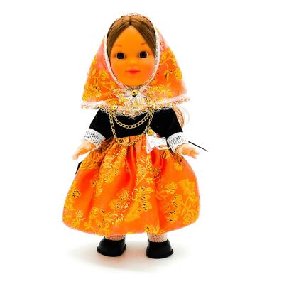 25 cm collectible doll. Typical regional Majorcan Fiesta dress (Mallorca), made in Spain by Folk Artesanía Muñecas. (SKU: 206F)