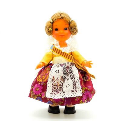Bambola da collezione di 25 cm. tipico abito regionale Valenciana o Fallera (Valencia), realizzato in Spagna da Folk Crafts Dolls. - Gonna bordeaux (SKU: 207BUR)