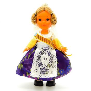 Poupée de collection de 25 cm. robe régionale typique Valenciana ou Fallera (Valence), fabriquée en Espagne par Folk Crafts Dolls. - Jupe lilas (SKU : 207LIL)