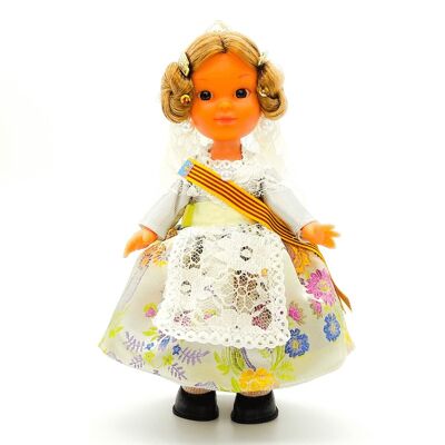 Bambola da collezione di 25 cm. tipico abito regionale Valenciana o Fallera (Valencia), realizzato in Spagna da Folk Crafts Dolls. - Gonna argento (SKU: 207PLA)