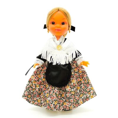 Muñeca de colección de 25 cm. vestido regional típico Aragonesa o Baturra (Aragón), fabricada en España por Folk Artesanía Muñecas. - Falda estampada flores (SKU: 225E)