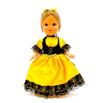 Muñeca de colección de 25 cm. vestido regional típico Piconera Goyesca (Cádiz, Madrid), fabricada en España por Folk Artesanía Muñecas. - Vestido amarillo (SKU: 232O)