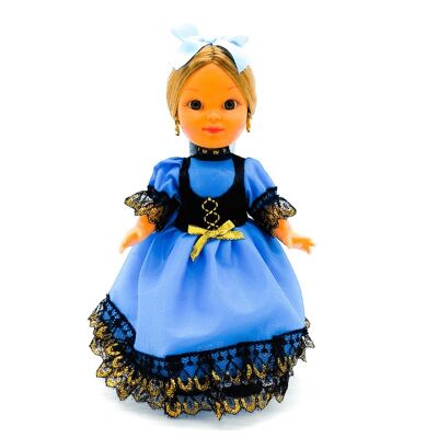 25 cm große Sammlerpuppe. Piconera Goyesca typisches regionales Kleid (Cádiz, Madrid), hergestellt in Spanien von Folk Crafts Dolls. - Blaues Kleid (SKU: 232A)