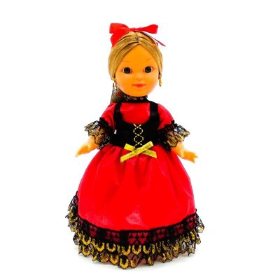 Muñeca de colección de 25 cm. vestido regional típico Piconera Goyesca (Cádiz, Madrid), fabricada en España por Folk Artesanía Muñecas. - Vestido rojo (SKU: 232R)