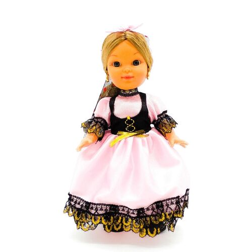 Muñeca de colección de 25 cm. vestido regional típico Piconera Goyesca (Cádiz, Madrid), fabricada en España por Folk Artesanía Muñecas. - Vestido rosa (SKU: 232RS)