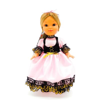 Bambola da collezione di 25 cm. Piconera Goyesca tipico abito regionale (Cadice, Madrid), realizzato in Spagna da Folk Crafts Dolls. - Abito rosa (SKU: 232RS)