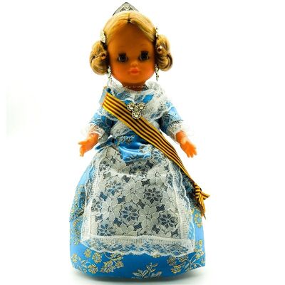 35 cm große Sammlerpuppe. Typische valencianische regionale Kleidung oder Fallera Gala (Valencia), hergestellt in Spanien von Folk Crafts Dolls. - Blaues Kleid (SKU: 307G-A)