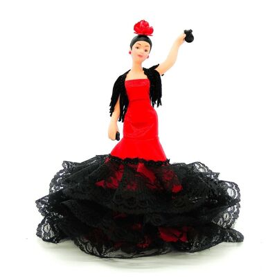 18 cm große Porzellan-Sammelpuppe. Andalusisches oder Flamenco-typisches regionales Kleid, hergestellt in Spanien von Folk Crafts Dolls. - Einfarbig Rot (SKU: 720R)