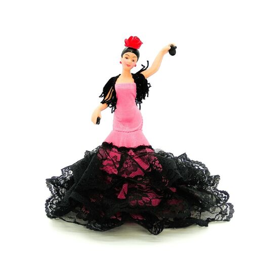 Muñeca de colección de porcelana de 18 cm. vestido regional típico Andaluza o Flamenca, fabricada en España por Folk Artesanía Muñecas. - Rosa liso (SKU: 720RS)