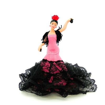 Muñeca de colección de porcelana de 18 cm. vestido regional típico Andaluza o Flamenca, fabricada en España por Folk Artesanía Muñecas. - Rosa liso (SKU: 720RS)