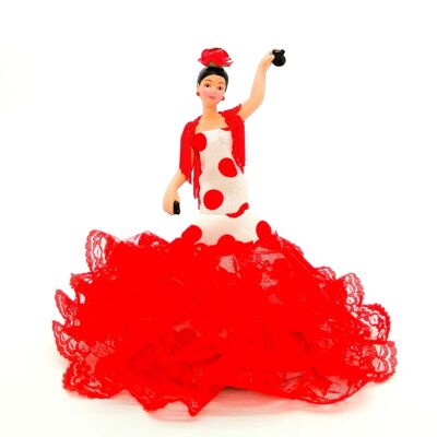 18 cm große Porzellan-Sammelpuppe. Andalusisches oder Flamenco-typisches regionales Kleid, hergestellt in Spanien von Folk Crafts Dolls. - Rot gepunkteter weißer Stoff (SKU: 720BR)