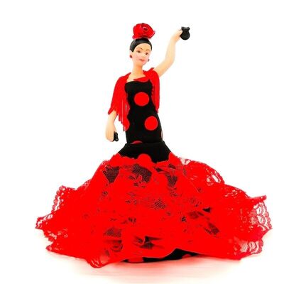 18 cm große Porzellan-Sammelpuppe. Andalusisches oder Flamenco-typisches regionales Kleid, hergestellt in Spanien von Folk Crafts Dolls. - Schwarzer Stoff mit roten Tupfen (SKU: 720NR)