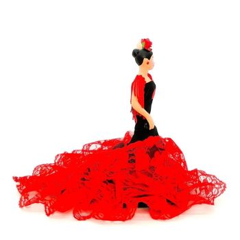 Poupée de collection en porcelaine de 18 cm. Robe régionale typique andalouse ou flamenca, fabriquée en Espagne par Folk Crafts Dolls. - Tissu noir à pois rouges (SKU : 720NR) 3