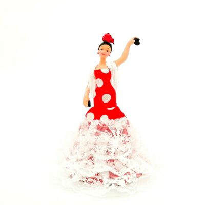 18 cm große Porzellan-Sammelpuppe. Andalusisches oder Flamenco-typisches regionales Kleid, hergestellt in Spanien von Folk Crafts Dolls. - Rotweiß gepunkteter Stoff (SKU: 720RB)