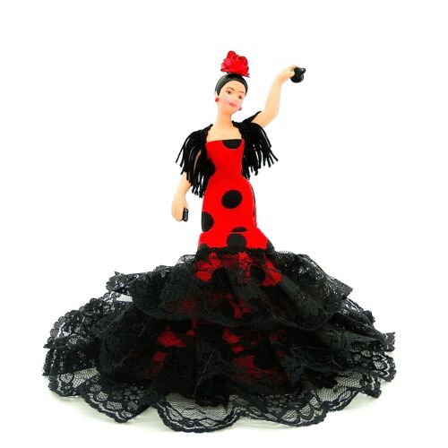 Muñeca de colección de porcelana de 18 cm. vestido regional típico Andaluza o Flamenca, fabricada en España por Folk Artesanía Muñecas. - Tejido rojo lunar negro (SKU: 720RN)