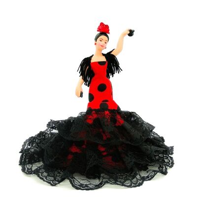 18 cm große Porzellan-Sammelpuppe. Andalusisches oder Flamenco-typisches regionales Kleid, hergestellt in Spanien von Folk Crafts Dolls. - Schwarz gepunkteter roter Stoff (SKU: 720RN)