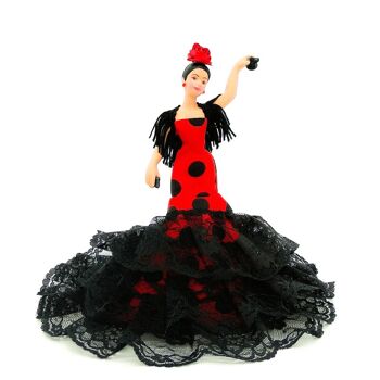 Poupée de collection en porcelaine de 18 cm. Robe régionale typique andalouse ou flamenca, fabriquée en Espagne par Folk Crafts Dolls. - Tissu rouge à pois noirs (SKU: 720RN)