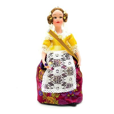Bambola da collezione in porcellana da 30 cm. Tipico abito regionale valenciano o fallera, realizzato in Spagna da Folk Crafts Dolls. - Gonna bordeaux (SKU: 707-BUR)
