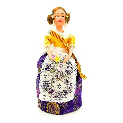 Muñeca de colección de porcelana de 30 cm. vestido regional típico Valenciana o Fallera, fabricada en España por Folk Artesanía Muñecas. - Falda lila (SKU: 707-LIL)