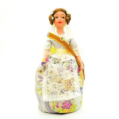 30 cm große Porzellan-Sammelpuppe. Typisches valencianisches oder regionales Fallera-Kleid, hergestellt in Spanien von Folk Crafts Dolls. - Silberner Rock (SKU: 707-PLA)