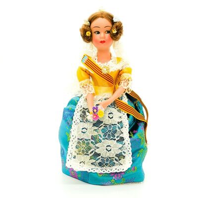 Muñeca de colección de porcelana de 30 cm. vestido regional típico Valenciana o Fallera, fabricada en España por Folk Artesanía Muñecas. - Falda turquesa (SKU: 707-TUR)