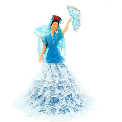 28 cm große Porzellan-Sammelpuppe. Andalusisches oder Flamenco-typisches regionales Kleid, hergestellt in Spanien von Folk Crafts Dolls. - Einfarbig Blau (SKU: 730 AZ)