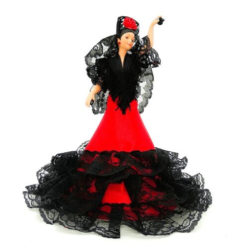 Muñeca de colección de porcelana de 28 cm. vestido regional típico Andaluza o Flamenca, fabricada en España por Folk Artesanía Muñecas. - Rojo liso (SKU: 730 RJ)