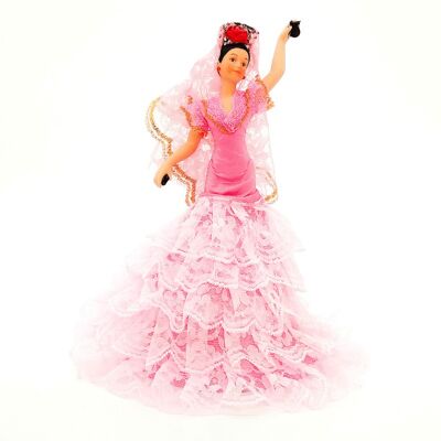 Muñeca de colección de porcelana de 28 cm. vestido regional típico Andaluza o Flamenca, fabricada en España por Folk Artesanía Muñecas. - Rosa liso (SKU: 730 RS)