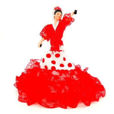 28 cm große Porzellan-Sammelpuppe. Andalusisches oder Flamenco-typisches regionales Kleid, hergestellt in Spanien von Folk Crafts Dolls. - Rot gepunkteter weißer Stoff (SKU: 730 BR)