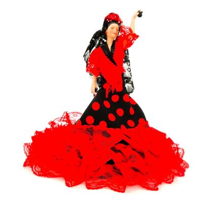 28 cm große Porzellan-Sammelpuppe. Andalusisches oder Flamenco-typisches regionales Kleid, hergestellt in Spanien von Folk Crafts Dolls. - Schwarzer Stoff mit roten Tupfen (SKU: 730 NR)