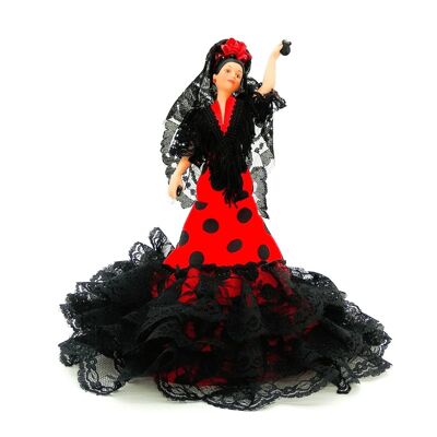 28 cm große Porzellan-Sammelpuppe. Andalusisches oder Flamenco-typisches regionales Kleid, hergestellt in Spanien von Folk Crafts Dolls. - Schwarz gepunkteter roter Stoff (SKU: 730 RN)