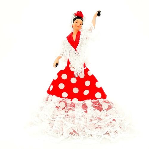 Muñeca de colección de porcelana de 28 cm. vestido regional típico Andaluza o Flamenca, fabricada en España por Folk Artesanía Muñecas. - Tejido rojo lunar blanco (SKU: 730 RB)
