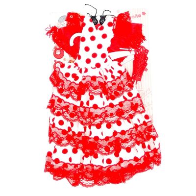 Set Kleid, Ohrringe, Kleiderbügel, Kämme und Kastagnetten Flamenca Andaluza Puppen Sintra oder Simona. Puppe nicht im Lieferumfang enthalten – roter gepunkteter weißer Stoff (SKU: 550 BR)