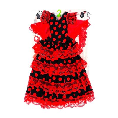 Set vestito, orecchini, appendiabiti, pettini e nacchere Flamenca Andaluza bambole Sintra o Simona. Bambola non inclusa - Tessuto nero a pois rossi (SKU: 550 NR)