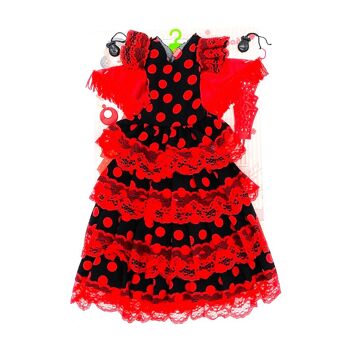 Ensemble robe, boucles d'oreilles, cintre, peignes et castagnettes Flamenca Andaluza poupées Sintra ou Simona. Poupée non incluse - Tissu noir à pois rouges (SKU : 550 NR)