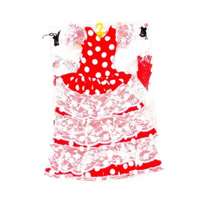 Set vestido, pendientes, percha, peinetas y castañuelas Flamenca Andaluza muñecas Sintra o Simona. Muñeca no incluida - Tejido rojo lunar blanco (SKU: 550 RB)