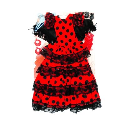 Set vestido, pendientes, percha, peinetas y castañuelas Flamenca Andaluza muñecas Sintra o Simona. Muñeca no incluida - Tejido rojo lunar negro (SKU: 550 RN)