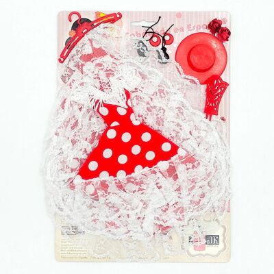 Limited edition Gala dress set, earrings, hanger, comb, hat, flowers and castanets Andalusian Flamenco doll mannequin. Doll not included - White Polka Dot Red Fabric (SKU: 502G RB)