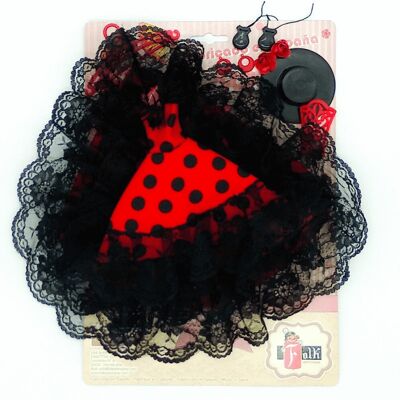 Limited edition Gala dress set, earrings, hanger, comb, hat, flowers and castanets Andalusian Flamenco doll mannequin. Doll Not Included - Black Polka Dot Red Fabric (SKU: 502G RN)