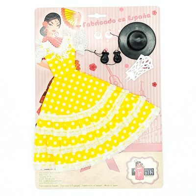 Set dress, earrings, comb, hat and castanets Andalusian Flamenco doll mannequin. Doll not included. - White lunar yellow fabric (SKU: 502 AM)