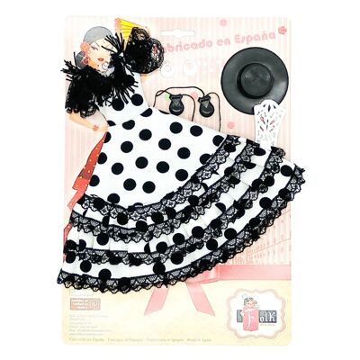 Set Kleid, Ohrringe, Kamm, Hut und Kastagnetten Andalusische Flamenco-Puppe Schaufensterpuppe. Puppe nicht enthalten. - Schwarz gepunkteter weißer Stoff (SKU: 502 BN)