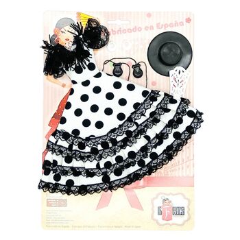 Ensemble robe, boucles d'oreilles, peigne, chapeau et castagnettes Mannequin de poupée Flamenco Andalouse. Poupée non incluse. - Tissu blanc à pois noirs (SKU : 502 BN)