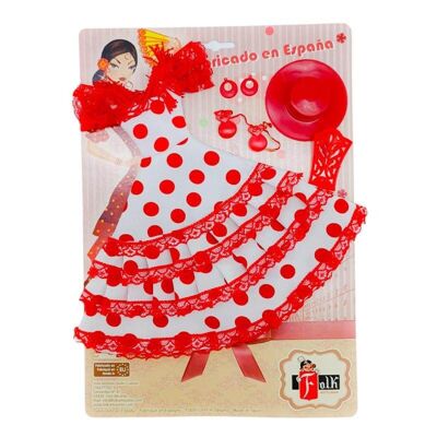 Set dress, earrings, comb, hat and castanets Andalusian Flamenco doll mannequin. Doll not included. - White red polka dot fabric (SKU: 502 BR)