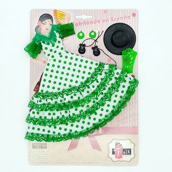 Ensemble robe, boucles d'oreilles, peigne, chapeau et castagnettes Mannequin de poupée Flamenco Andalouse. Poupée non incluse. - Tissu blanc à pois verts (SKU : 502 VD)