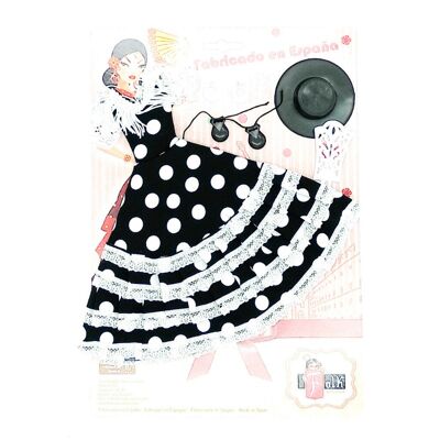 Ensemble robe, boucles d'oreilles, peigne, chapeau et castagnettes Mannequin de poupée Flamenco Andalouse. Poupée non incluse. - Tissu noir à pois blancs (SKU : 502 NB)
